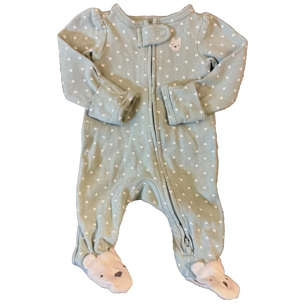 Baby Girl Preemie Outfit Footie‎ Sleeper Heart Bear Green 2 Way Zipper Clothes